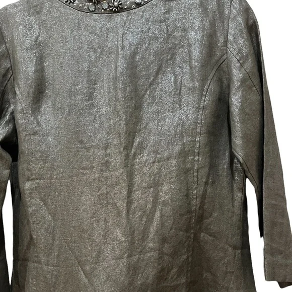 Chico’s 100% Linen Taupe Metallic Open Front Jacket Jeweled Neckline Sz S - Picture 4 of 11